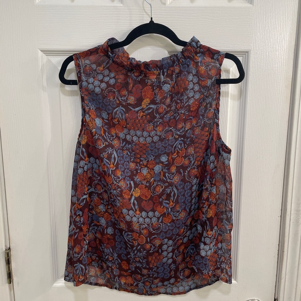 Hippie Laundry Blue and Orange Blouse with Ruffled Neckline, Size Medium